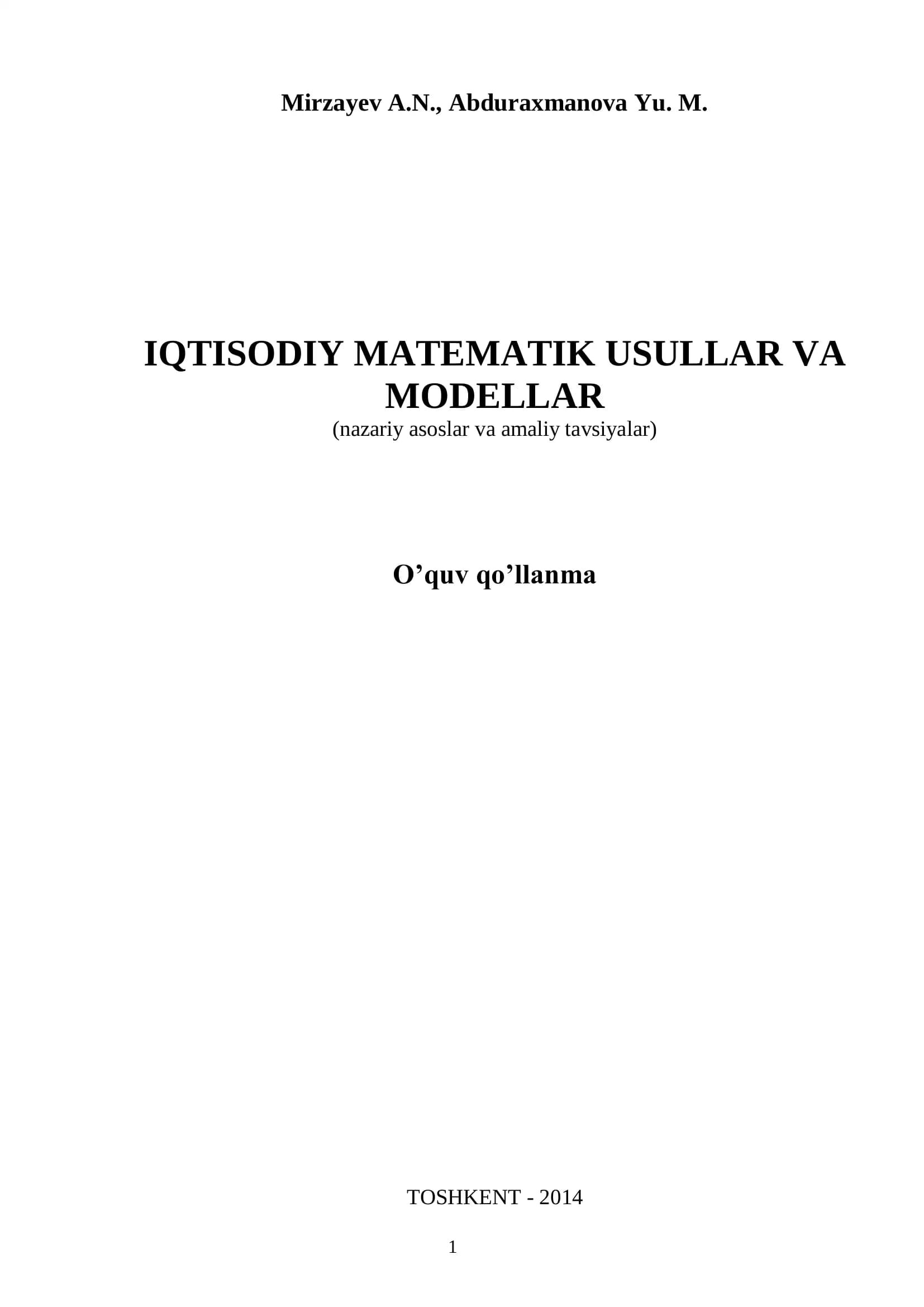 IQTISODIY MATEMATIK USULLAR VA MODELLAR