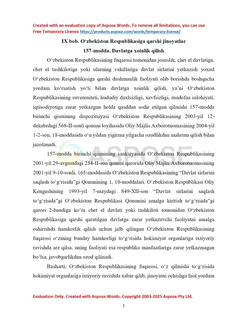 157-modda. Davlatga xoinlik qilish