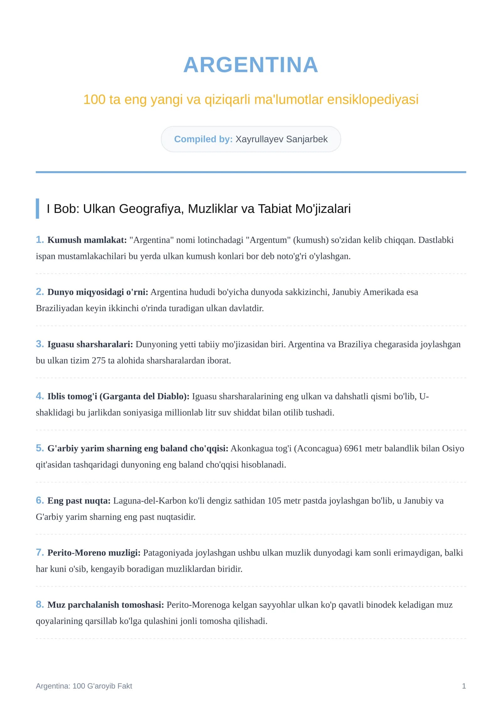 ARGENTINA 100 ta eng yangi va qiziqarli ma'lumotlar ensiklopediyasi