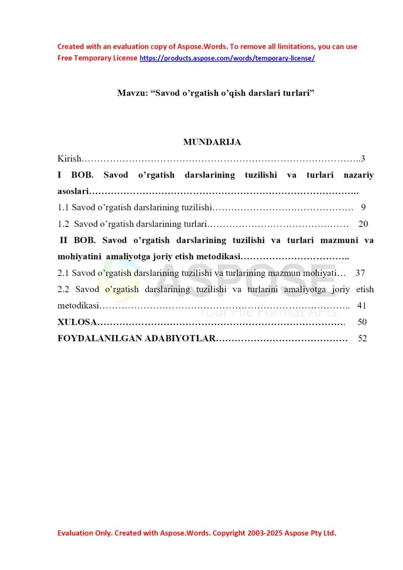 Savod o’rgatish o’qish darslari turlari