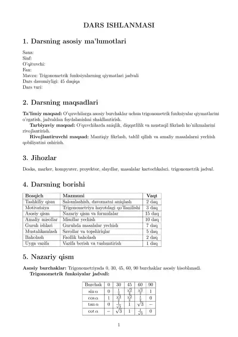Trigonometrik funksiyalarning qiymatlari jadvali ( Dars ishlanmasi )