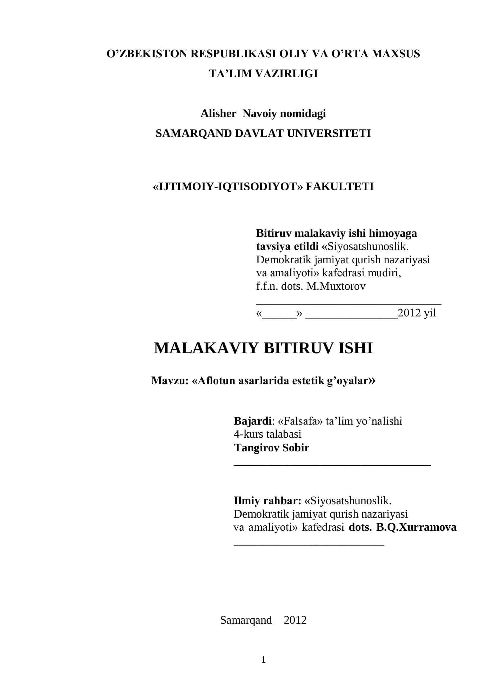 AFLOTUN ASARLARIDA ESTETIK G’OYALAR