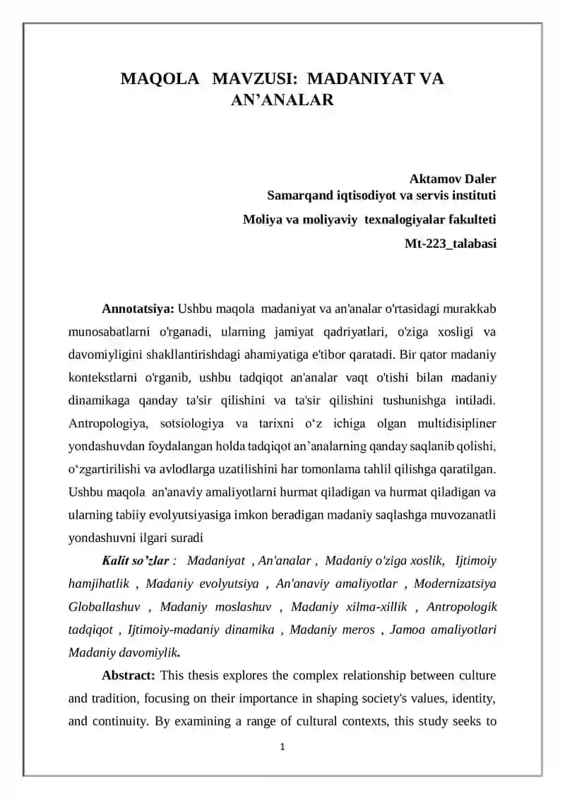 MADANIYAT VA ANʼANALAR