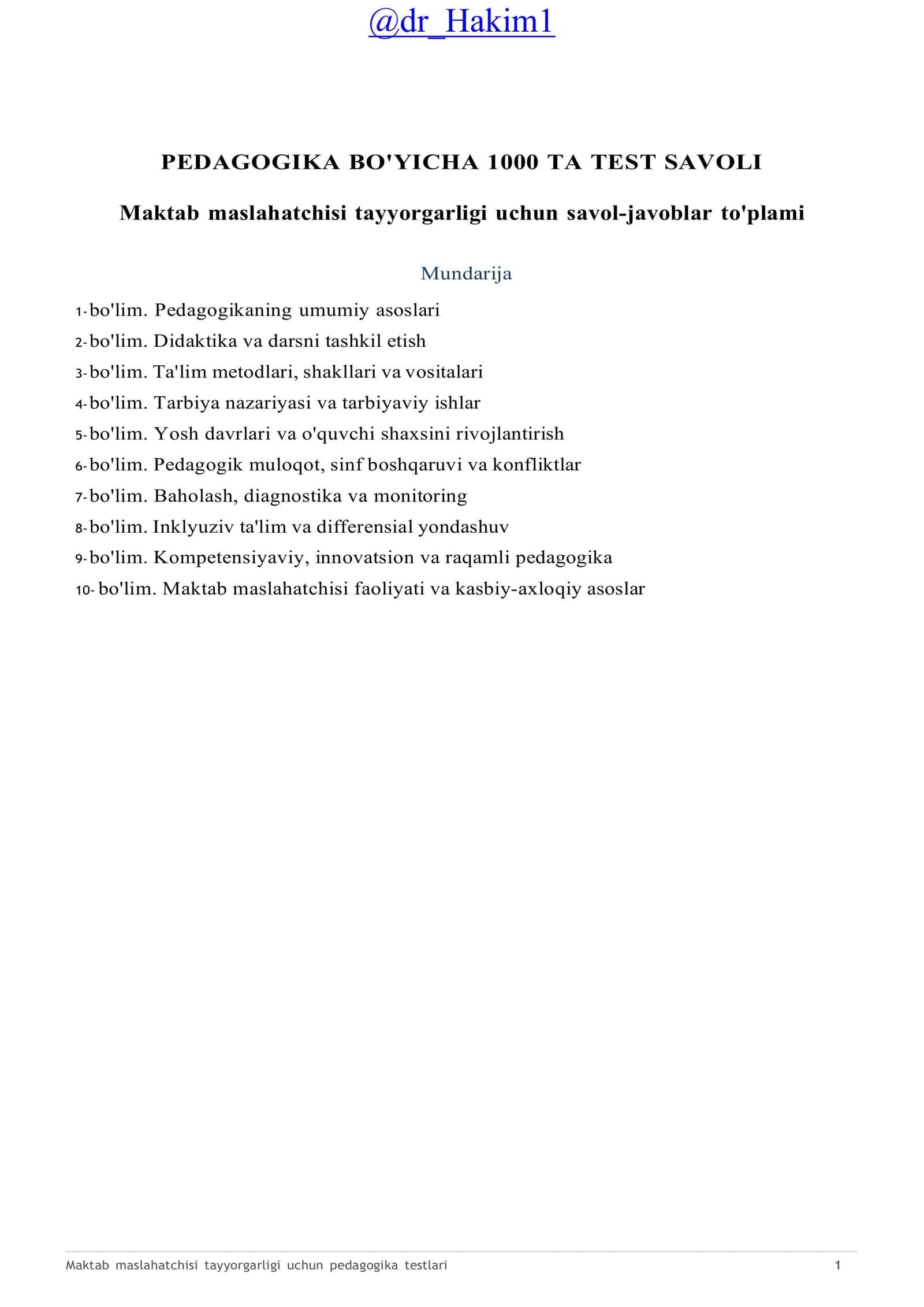 Maktab maslahatchisi tayyorgarligi uchun pedagogika testlari