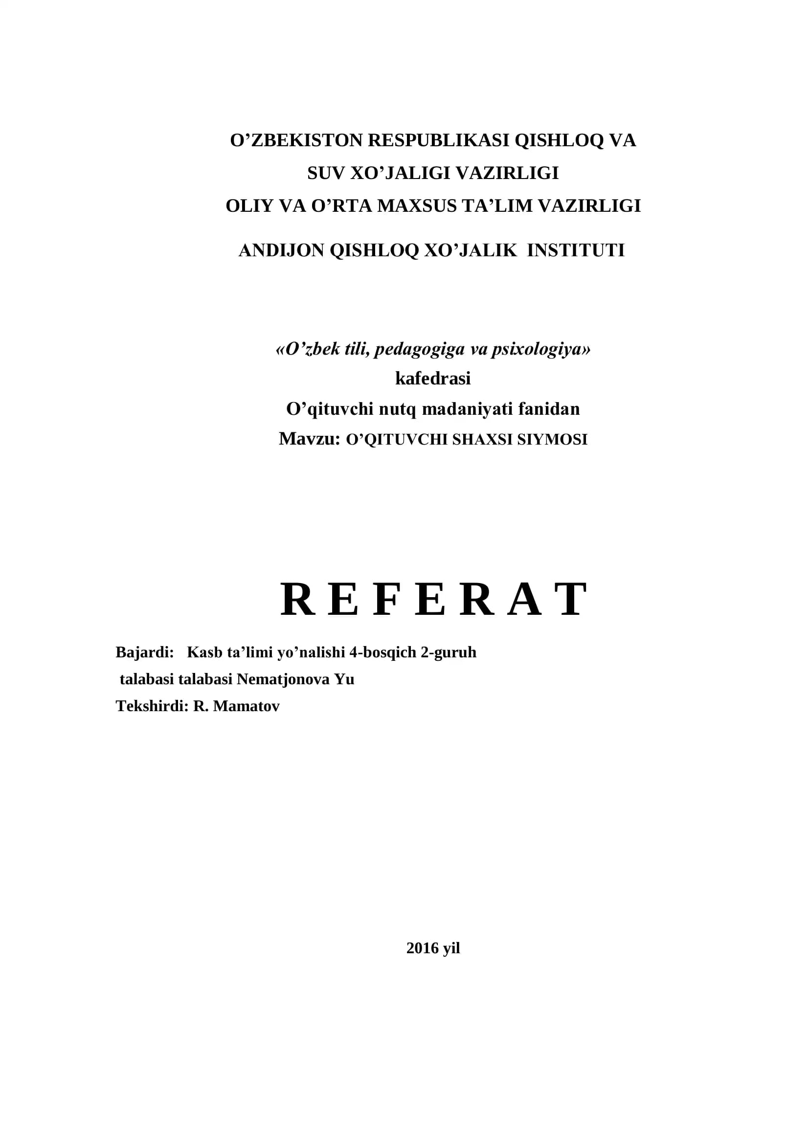 O’QITUVCHI SHAXSI SIYMOSI