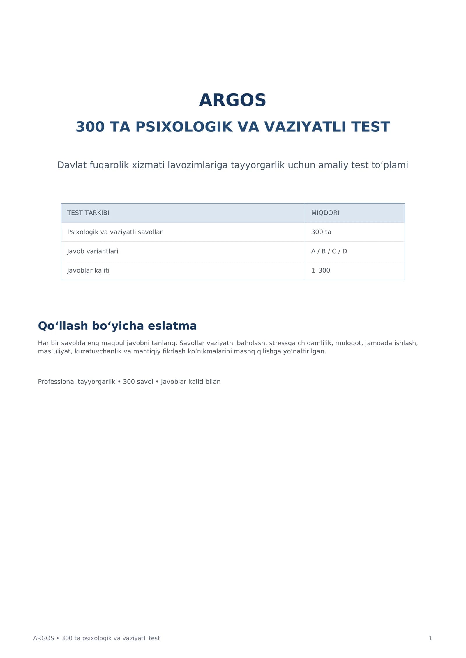 ARGOS 300 ta Psixologik Test | Davlat Xizmati uchun Testlar | Javoblar Kaliti bilan PDF