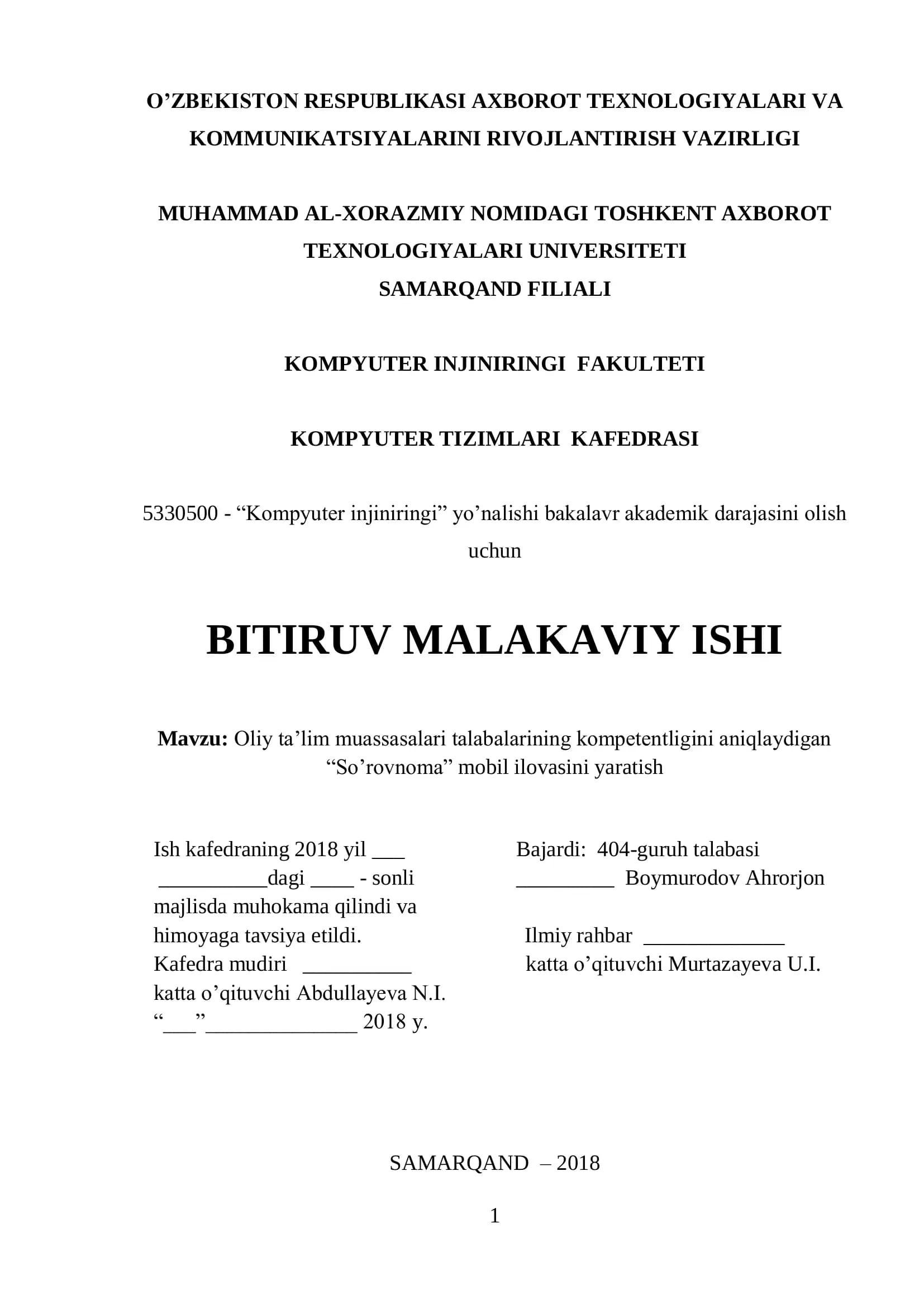 Oliy ta’lim muassasalari talabalarining kompetentligini aniqlaydigan “So’rovnoma” mobil ilovasini yaratish