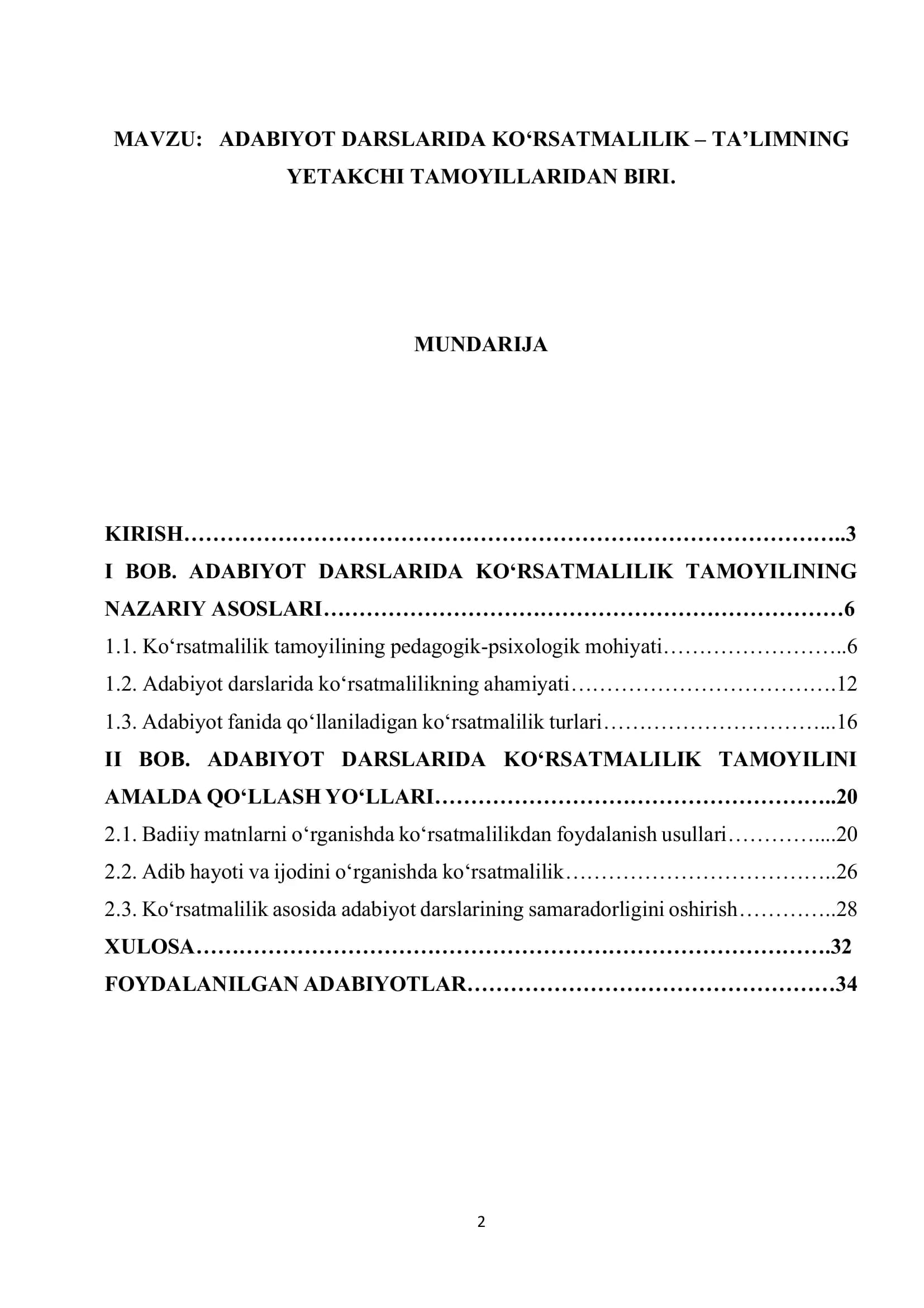 ADABIYOT DARSLARIDA KO‘RSATMALILIK