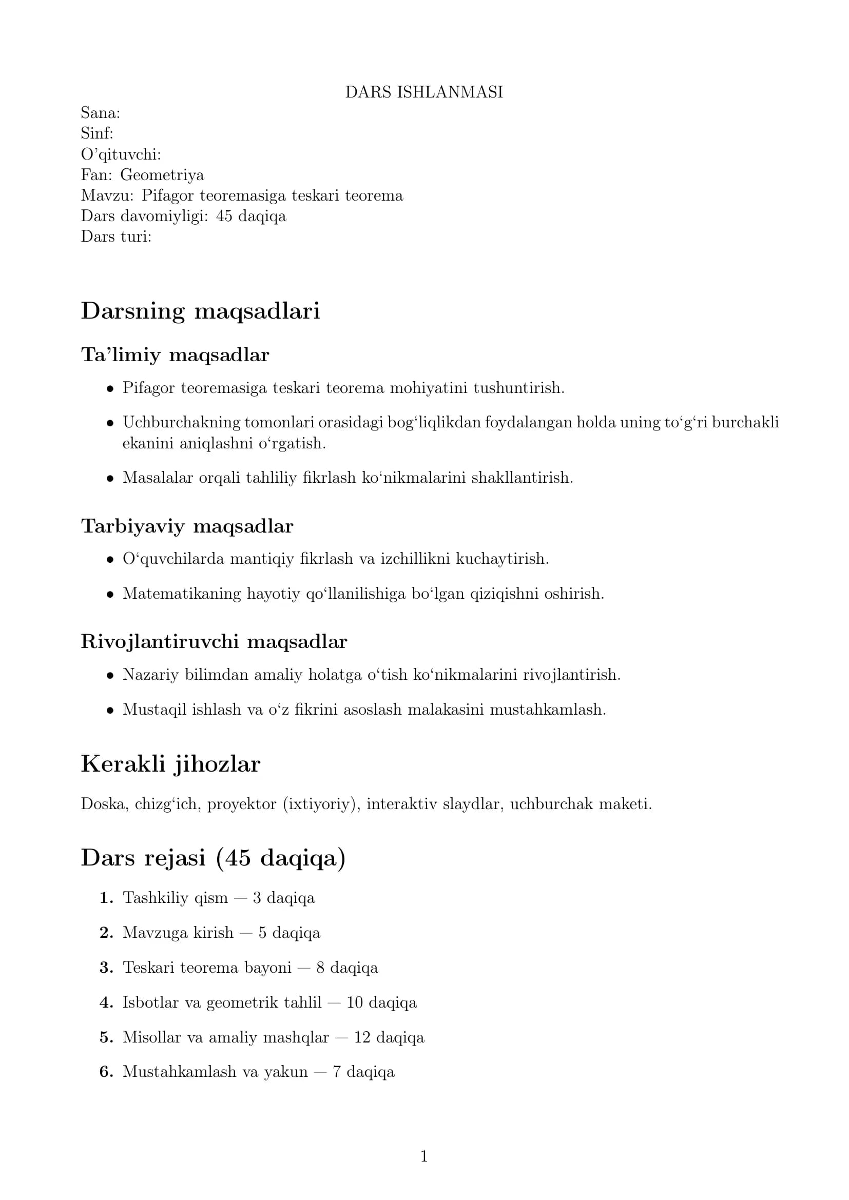 Pifagor teoremasiga teskari teorema ( Dars ishlanmasi )