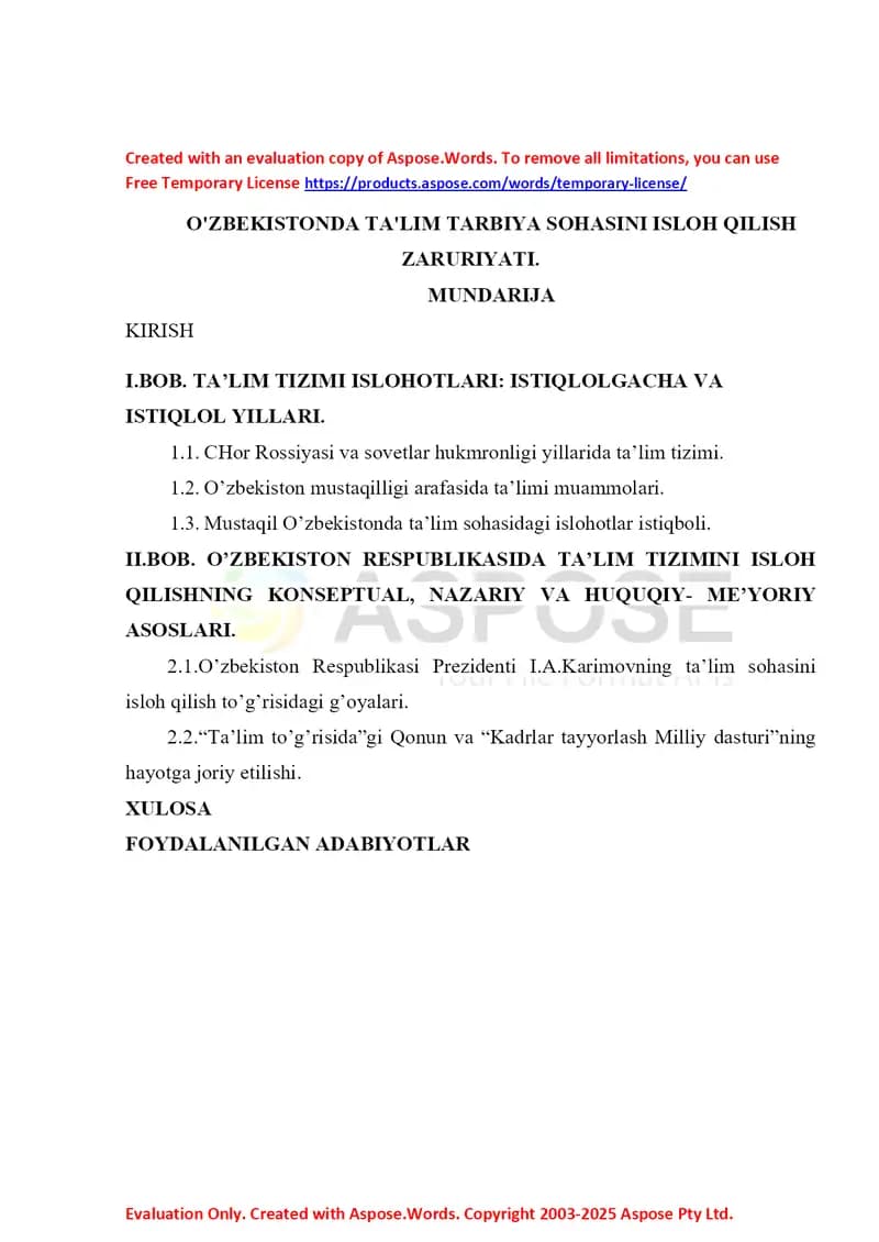 O‘ZBEKISTONDA TA'LIM TARBIYA SOHASINI ISLOH QILISH ZARURIYATI