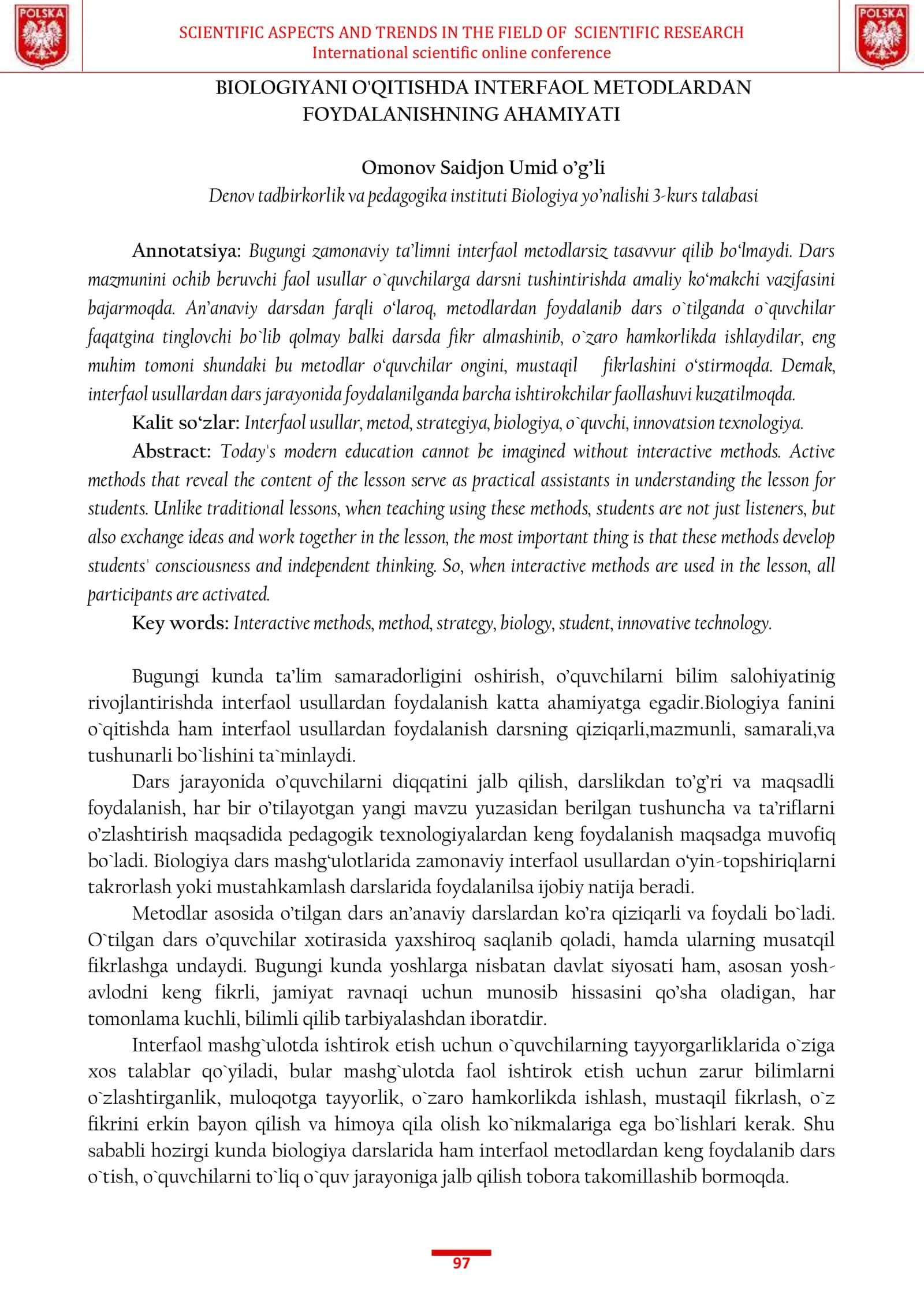 BIOLOGIYANI O'QITISHDA INTERFAOL METODLARDAN FOYDALANISHNING AHAMIYATI