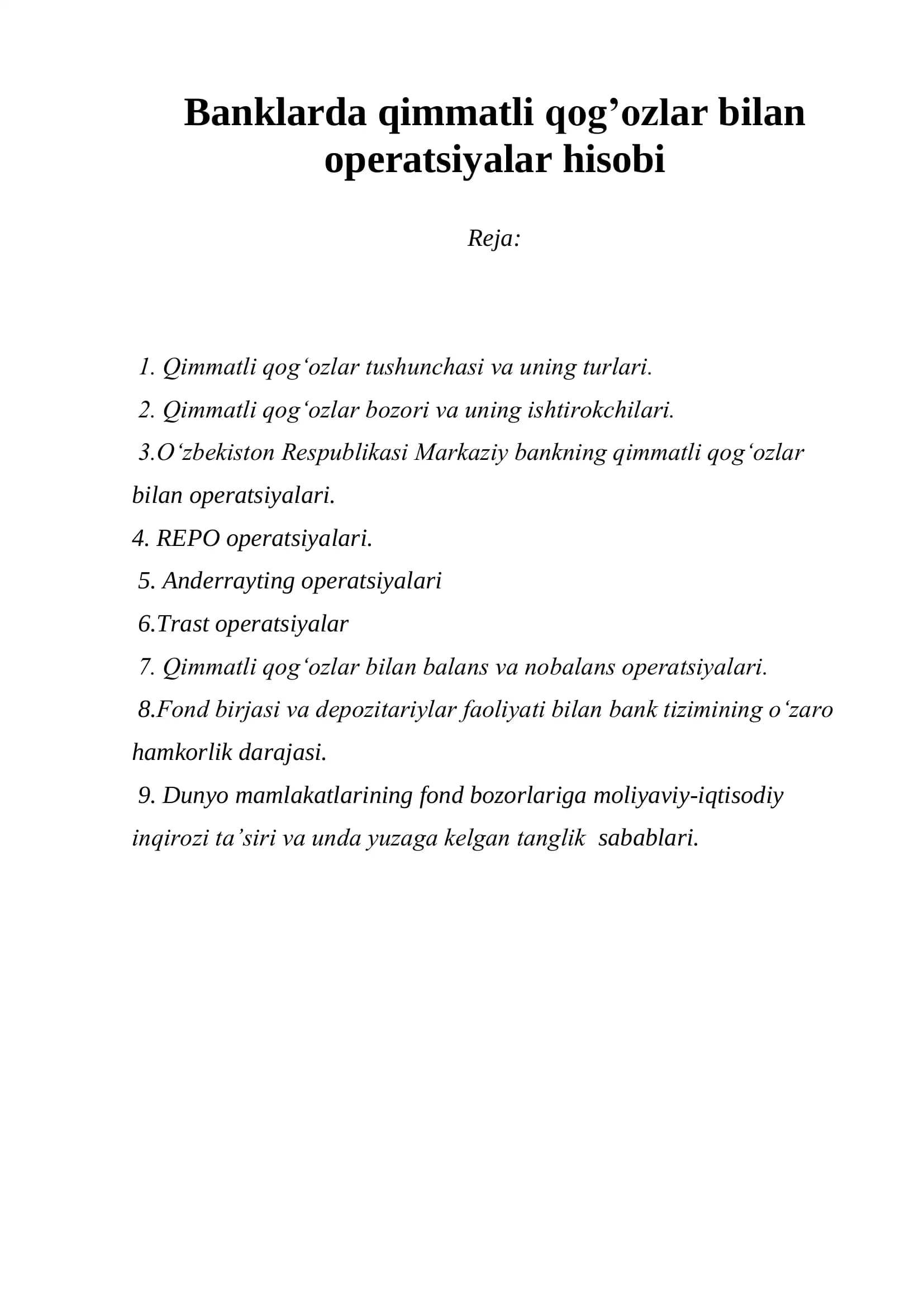 Qimmatli qog'ozlar bilan operatsiyalar hisobi