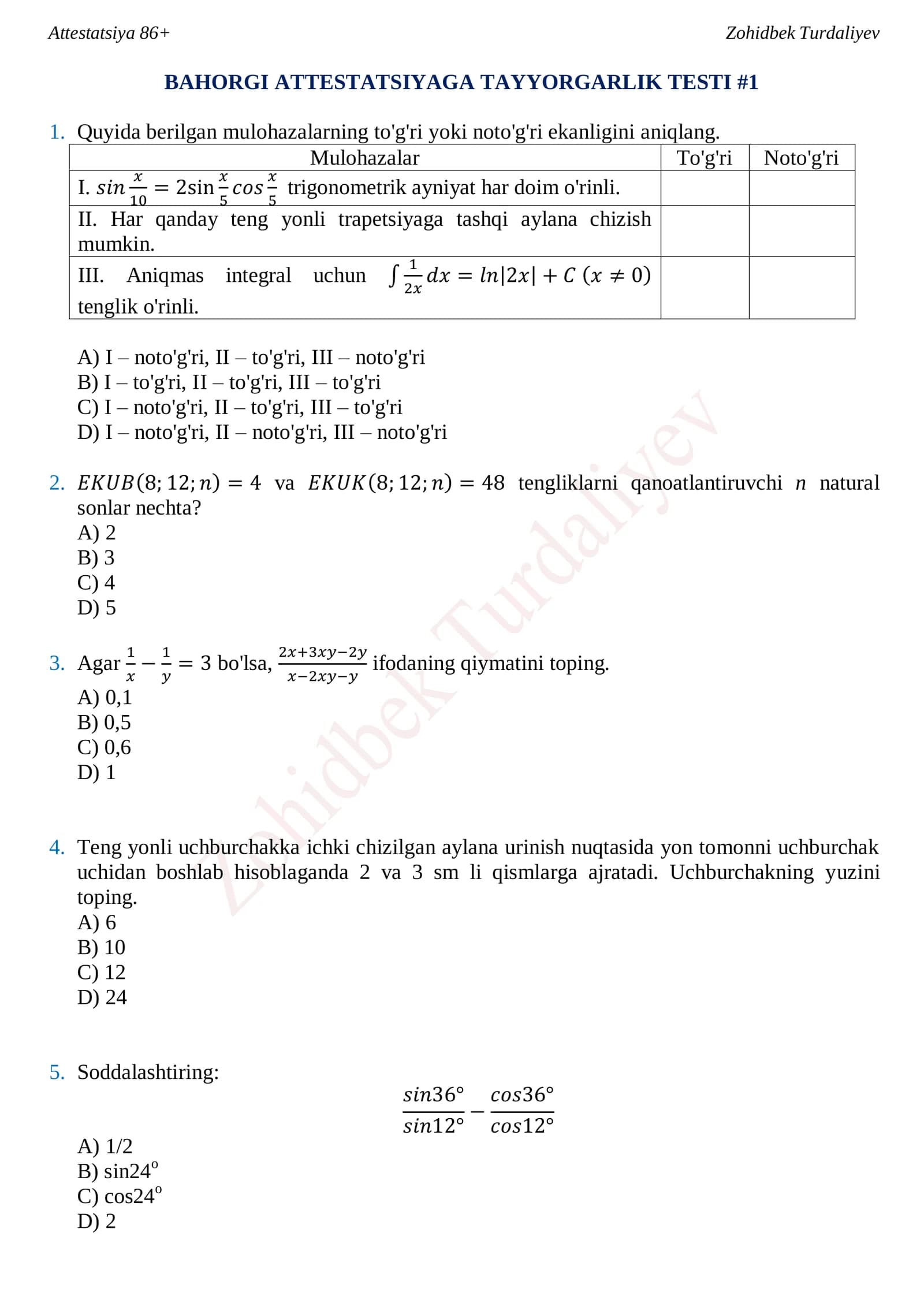 BAHORGI ATTESTATSIYAGA TAYYORGARLIK TESTI #1