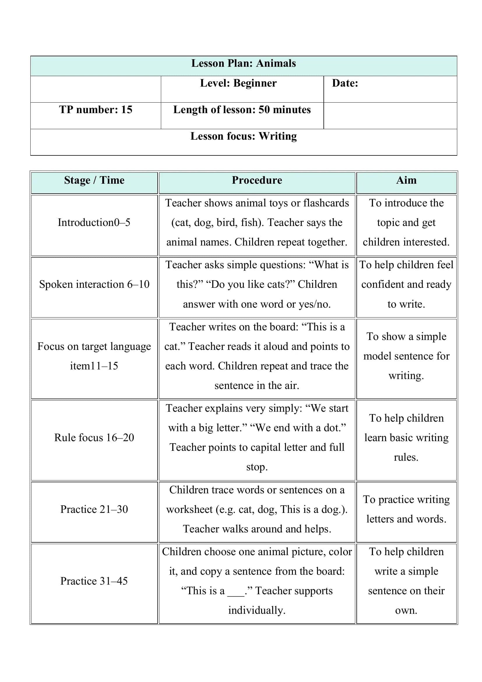 Lesson Plan: Animals