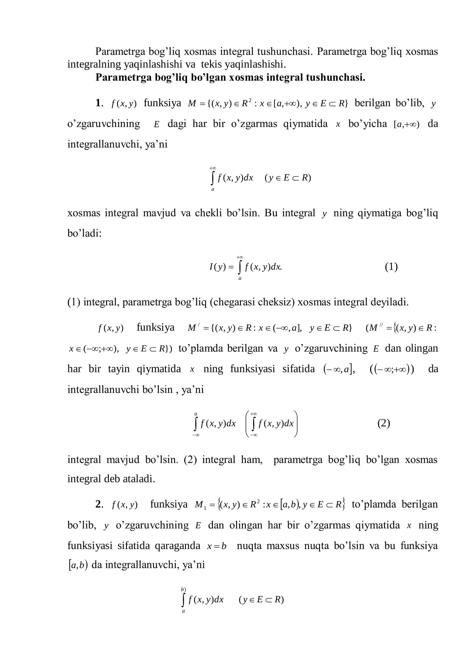 Parametrga bog’liq xosmas integral tushunchasi