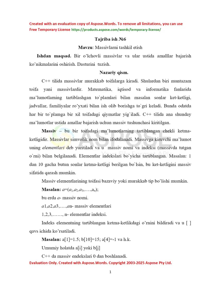 Massivlarni tashkil etish