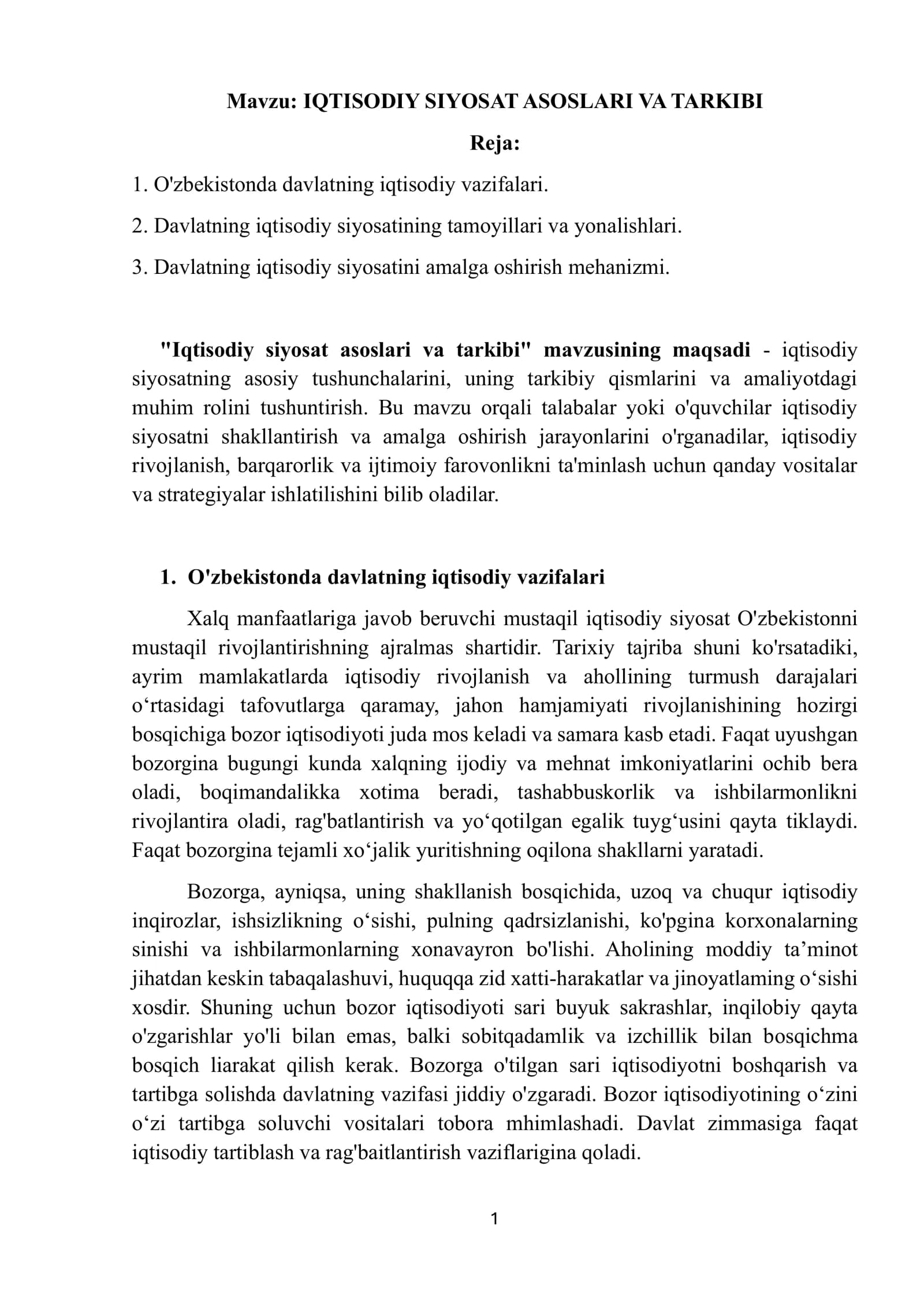 IQTISODIY SIYOSAT ASOSLARI VA TARKIBI