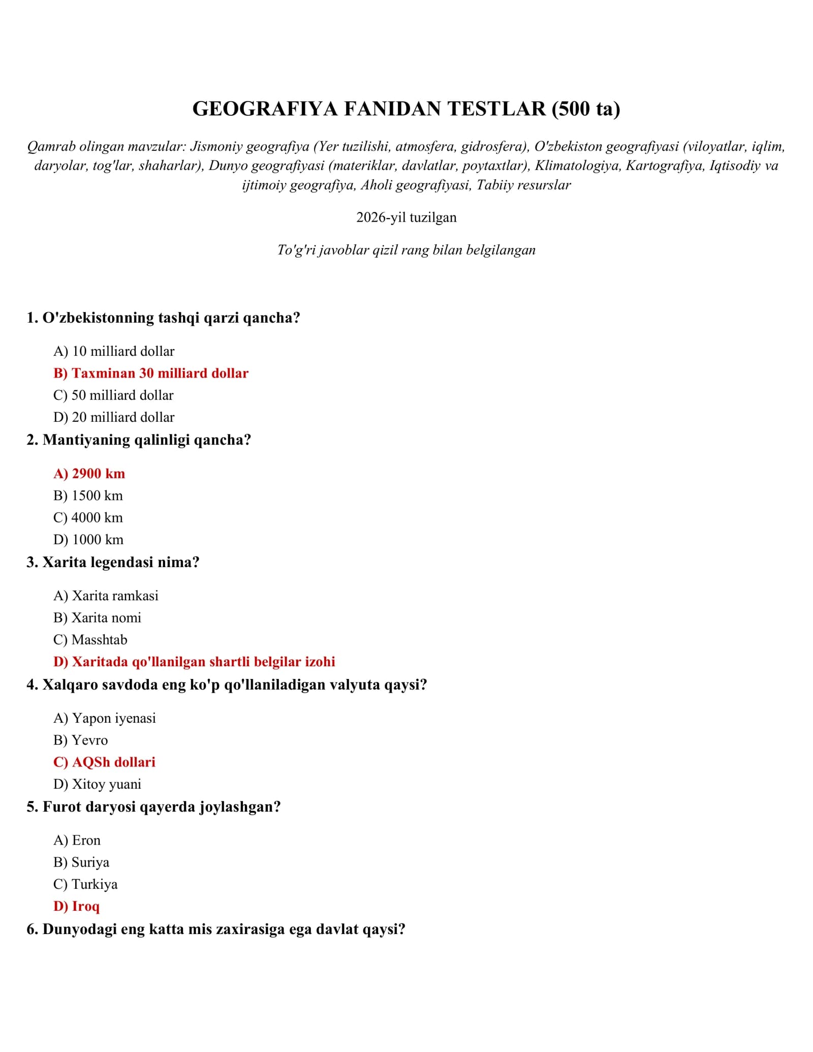 GEOGRAFIYA FANIDAN TESTLAR (500 ta)