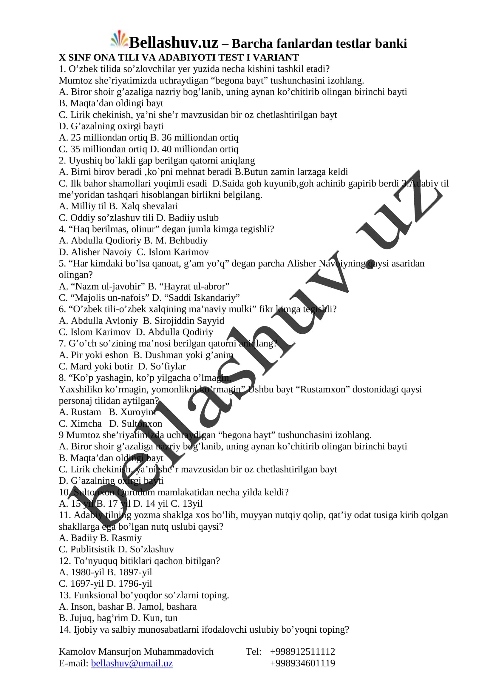X SINF ONA TILI VA ADABIYOTI TEST I VARIANT