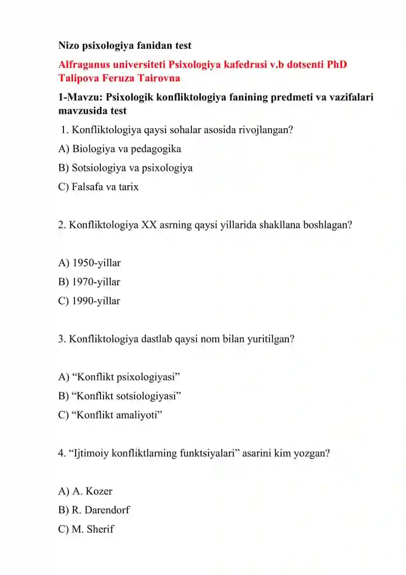 Psixologik konfliktologiya fanidan test
