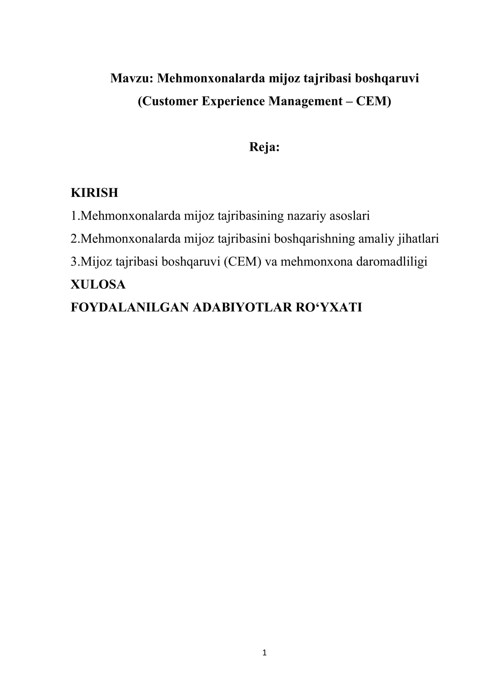 Mehmonxonalarda mijoz tajribasi boshqaruvi (Customer Experience Management – CEM)