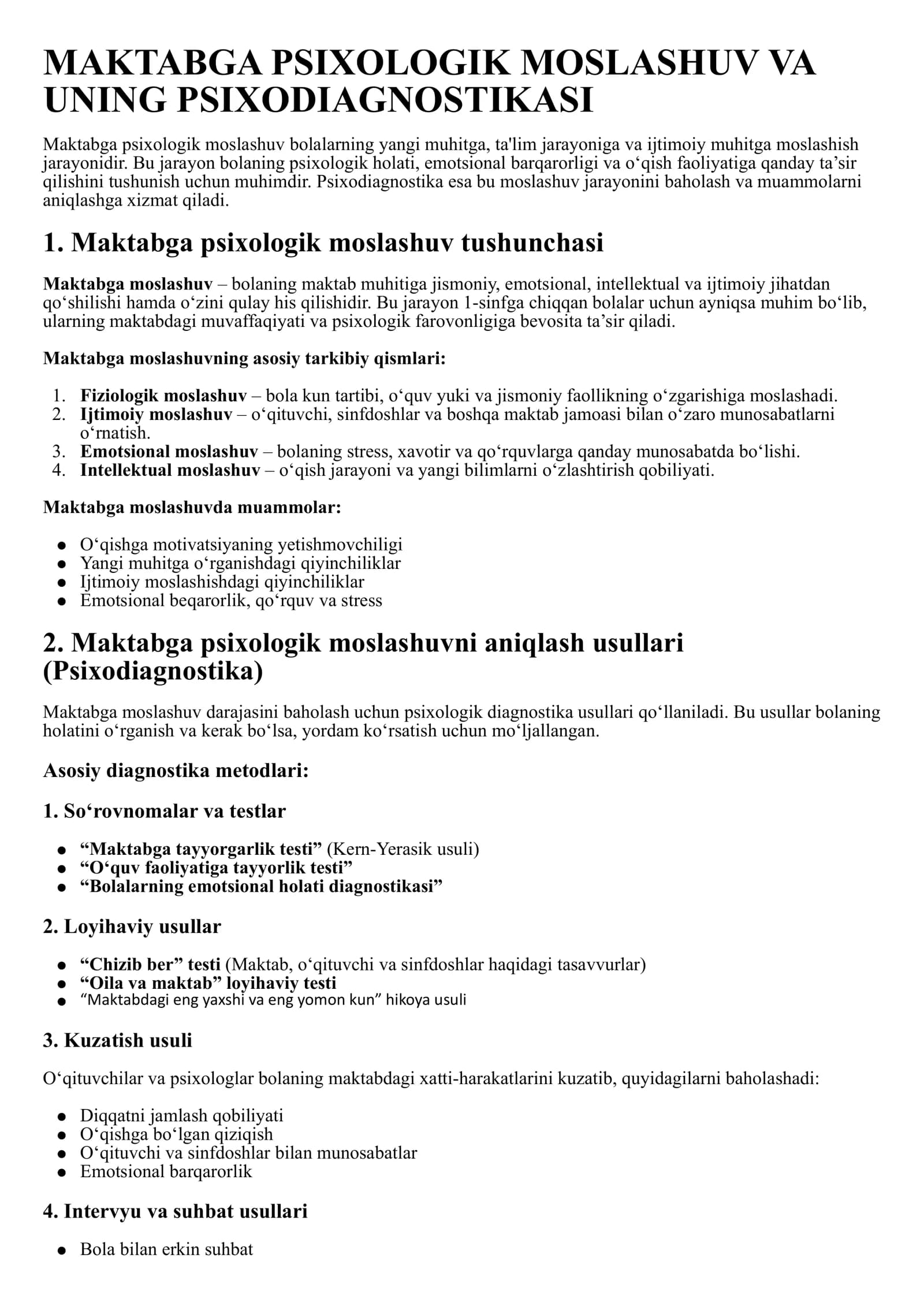 MAKTABGA PSIXOLOGIK MOSLASHUV VA UNING PSIXODIAGNOSTIKASI