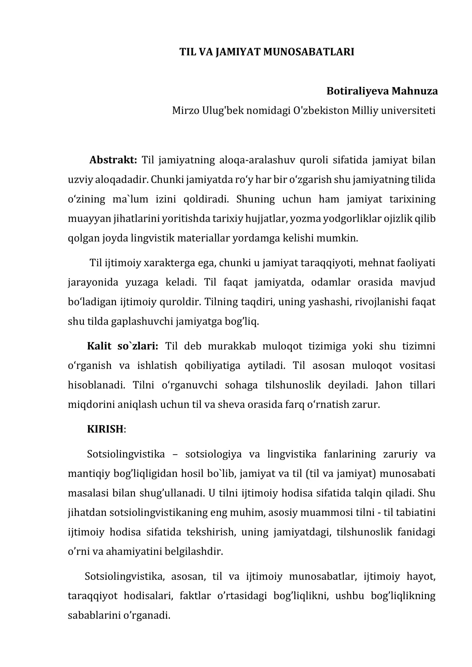 TIL VA JAMIYAT MUNOSABATLARI