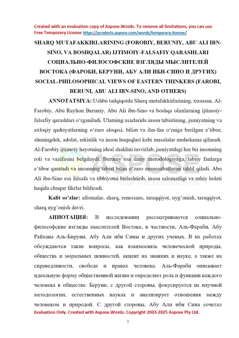 SHARQ MUTAFAKKIRLARINING IJTIMOIY-FALSAFIY QARASHLARI