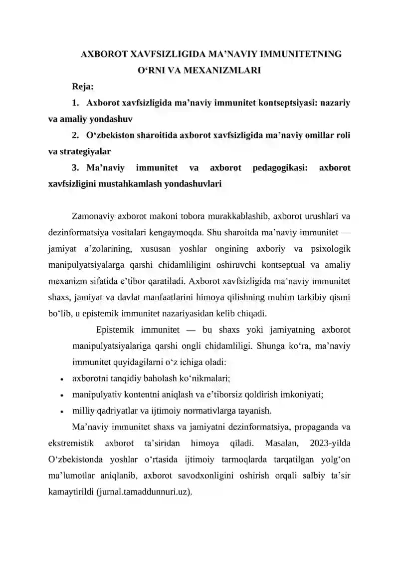 AXBOROT XAVFSIZLIGIDA MA’NAVIY IMMUNITETNING O‘RNI VA MEXANIZMLARI