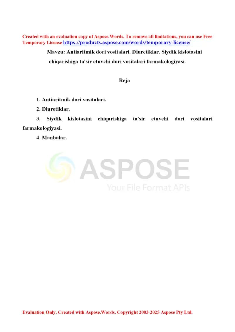 Antiaritmik dori vositalari. Diuretiklar. Siydik kislotasini chiqarishiga ta'sir etuvchi dori vositalari farmakologiyasi. Referat 9 bet.