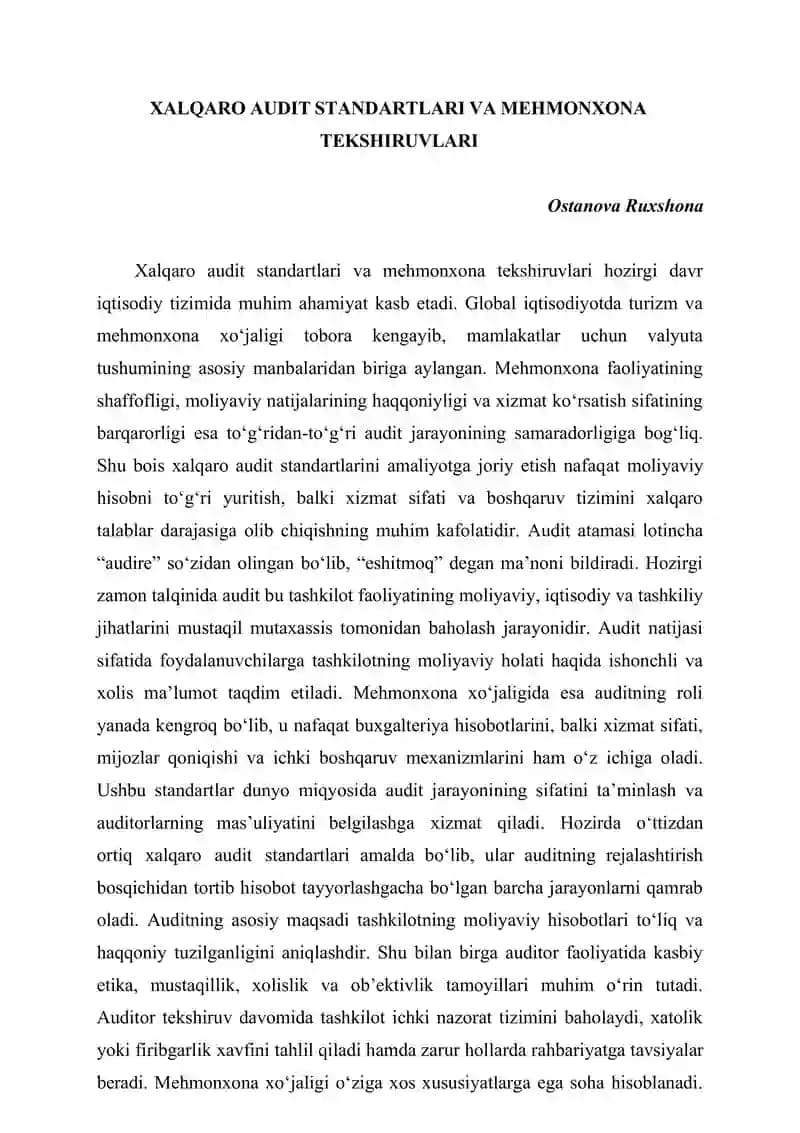 XALQARO AUDIT STANDARTLARI VA MEHMONXONA TEKSHIRUVLARI