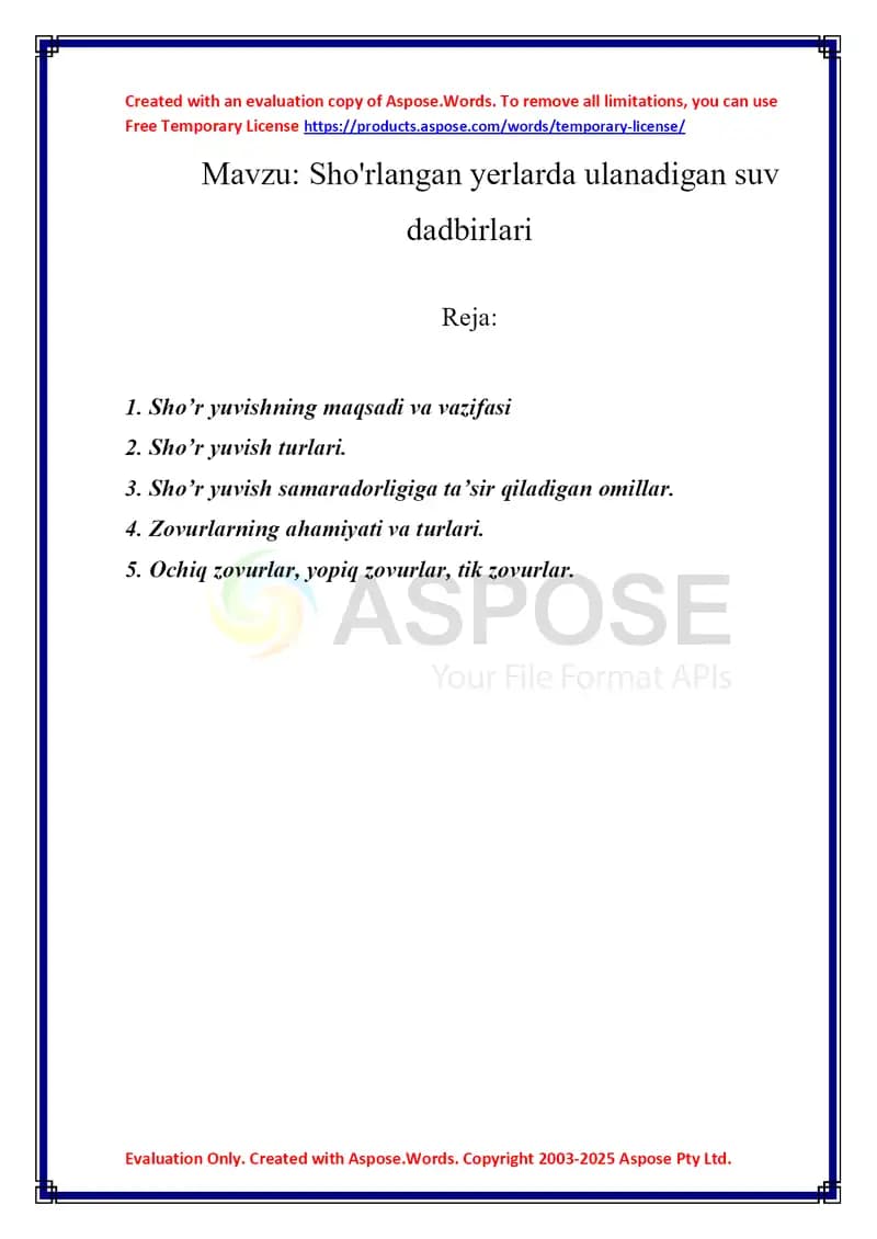 Sho'rlangan yerlarda ulanadigan suv dadbirlari