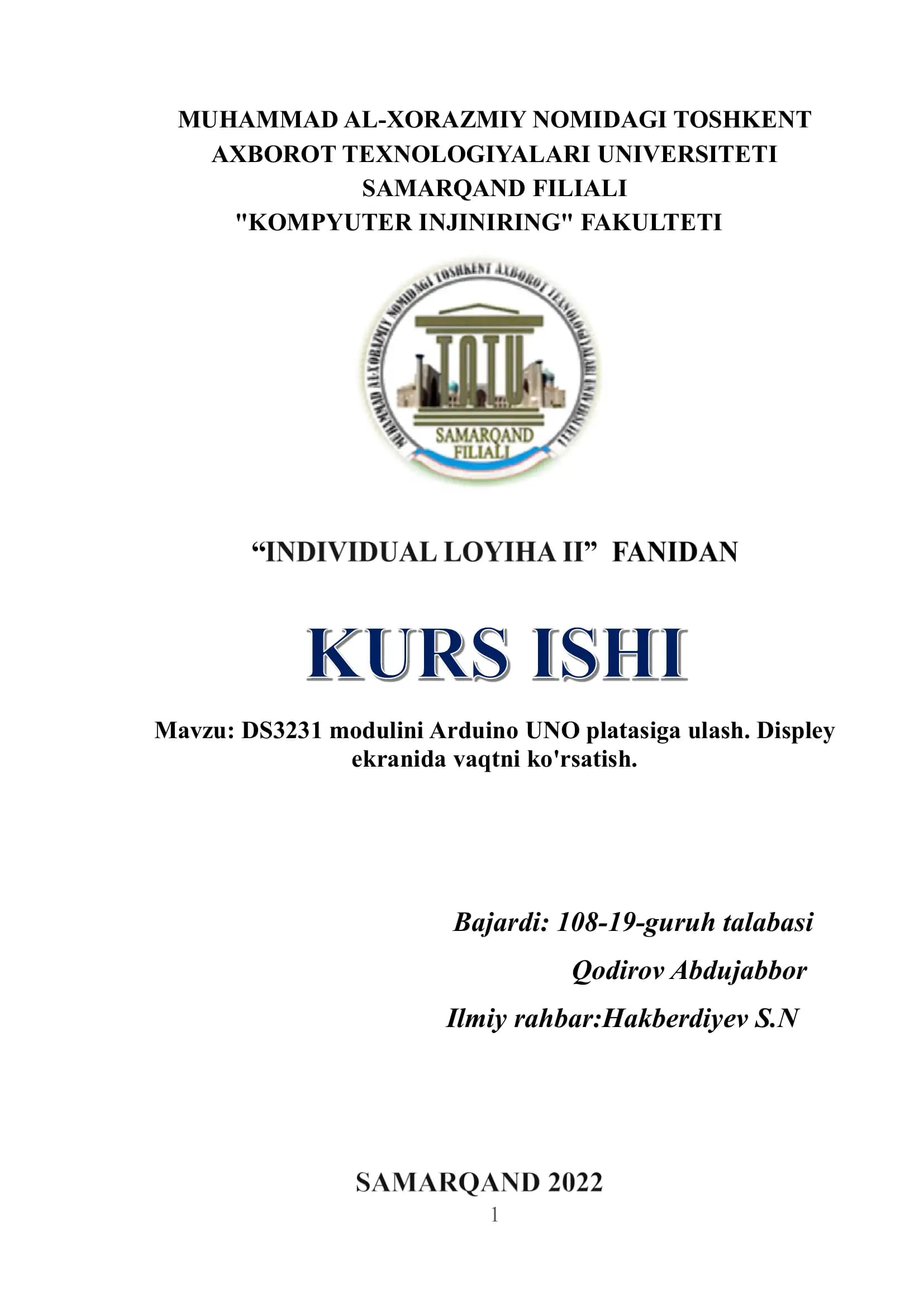 DS3231 modulini Arduino UNO platasiga ulash. Displey ekranida vaqtni ko'rsatish.
