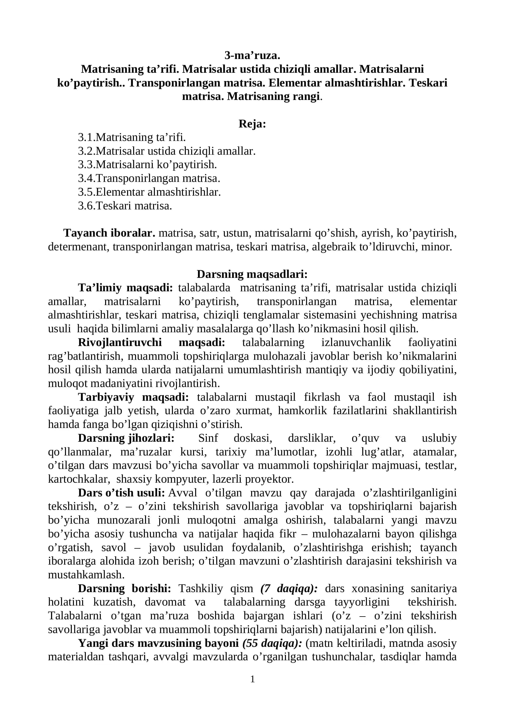 Oliy matematika: matrisalar, teskari matrisa va rangi (PDF)