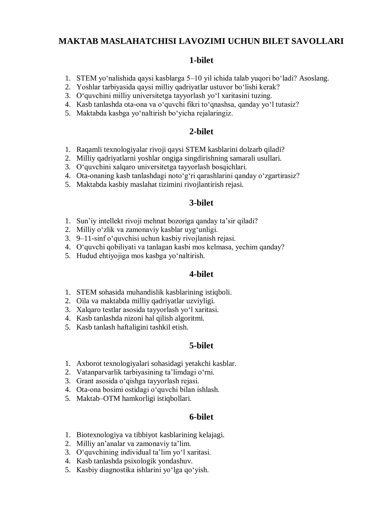 MAKTAB MASLAHATCHISI LAVOZIMI UCHUN BILET SAVOLLARI