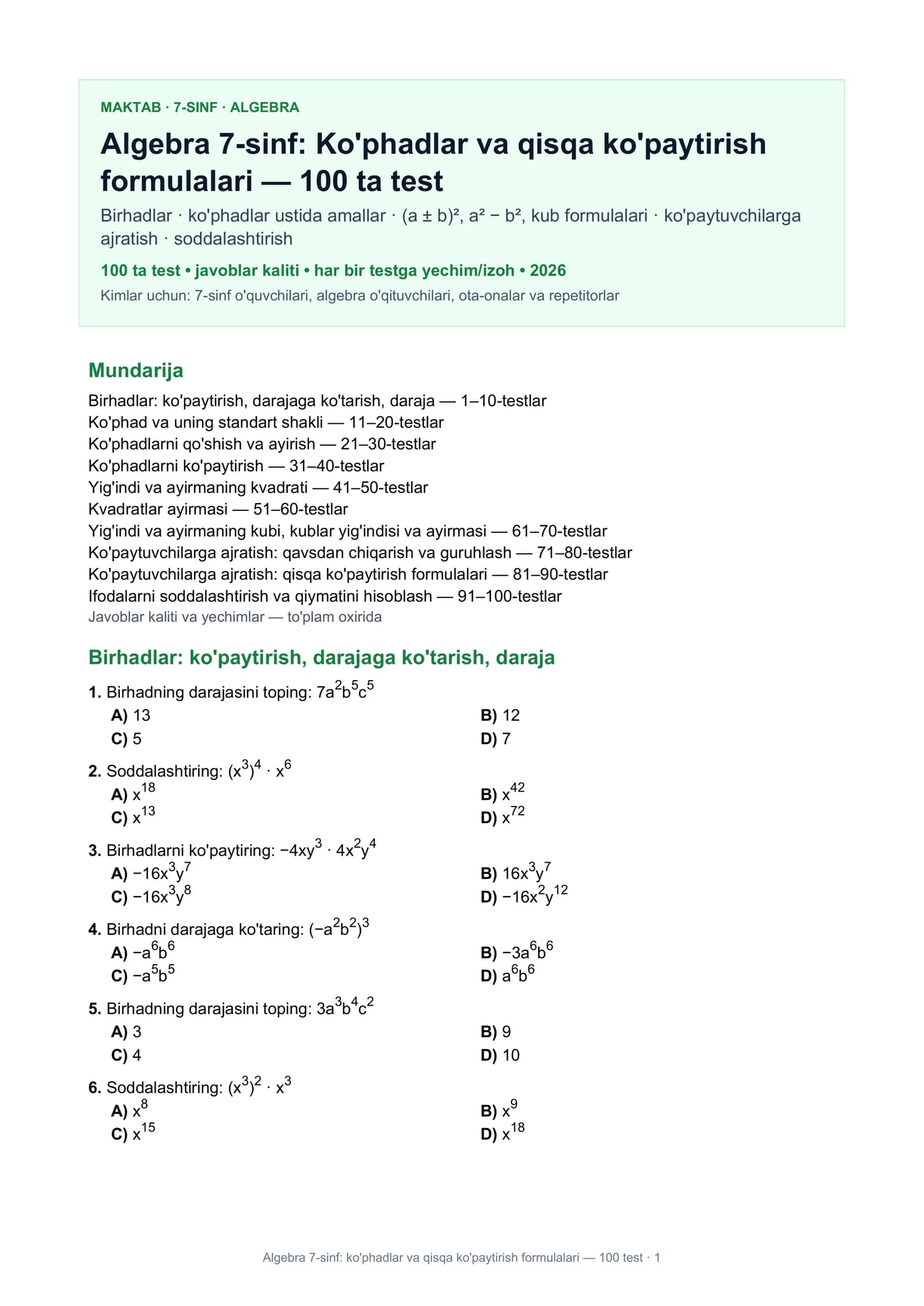 Algebra 7-sinf: ko'phadlar va qisqa ko'paytirish formulalari