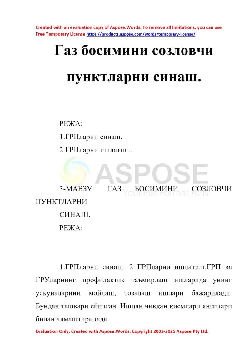 Gaz bosimini sozlovchi punktlarni sinash