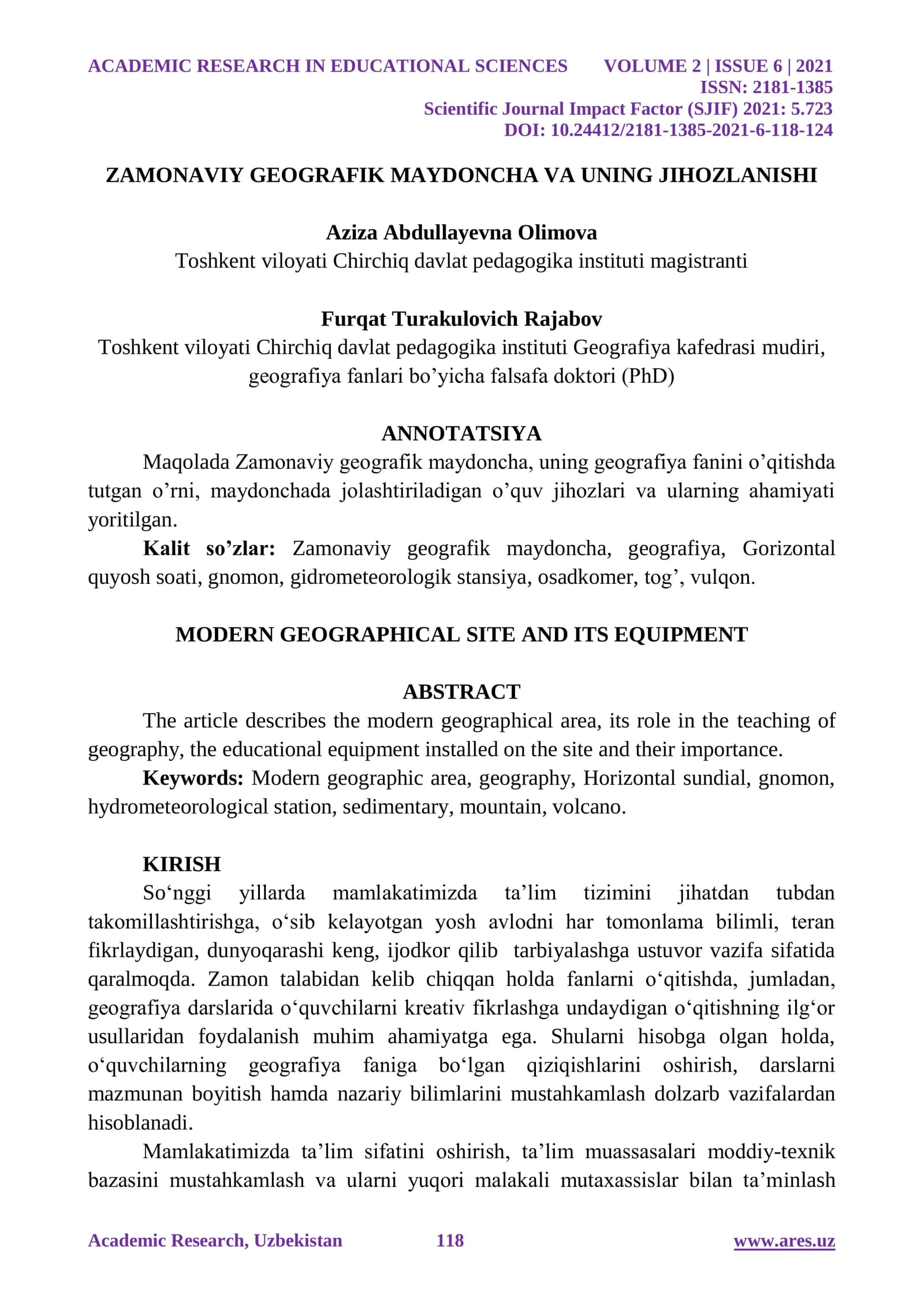 ZAMONAVIY GEOGRAFIK MAYDONCHA VA UNING JIHOZLANISHI