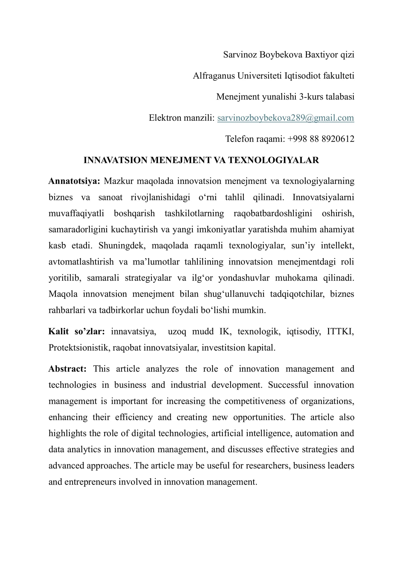 "INNAVATSION MENEJMENT VA TEXNOLOGIYALAR"