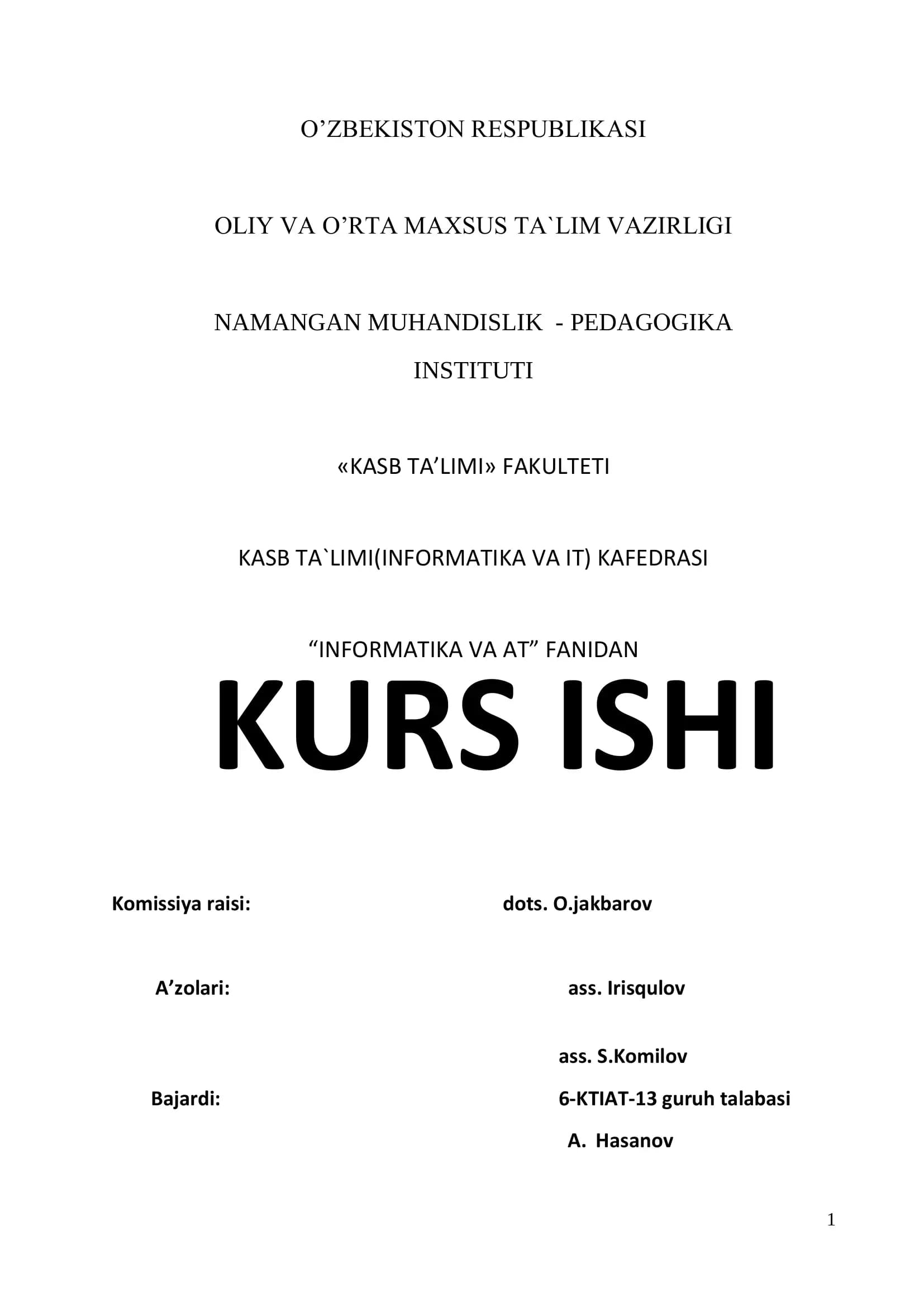 Kurs ishi "Informatika va axborot texnologiyalari" fani bo’yicha