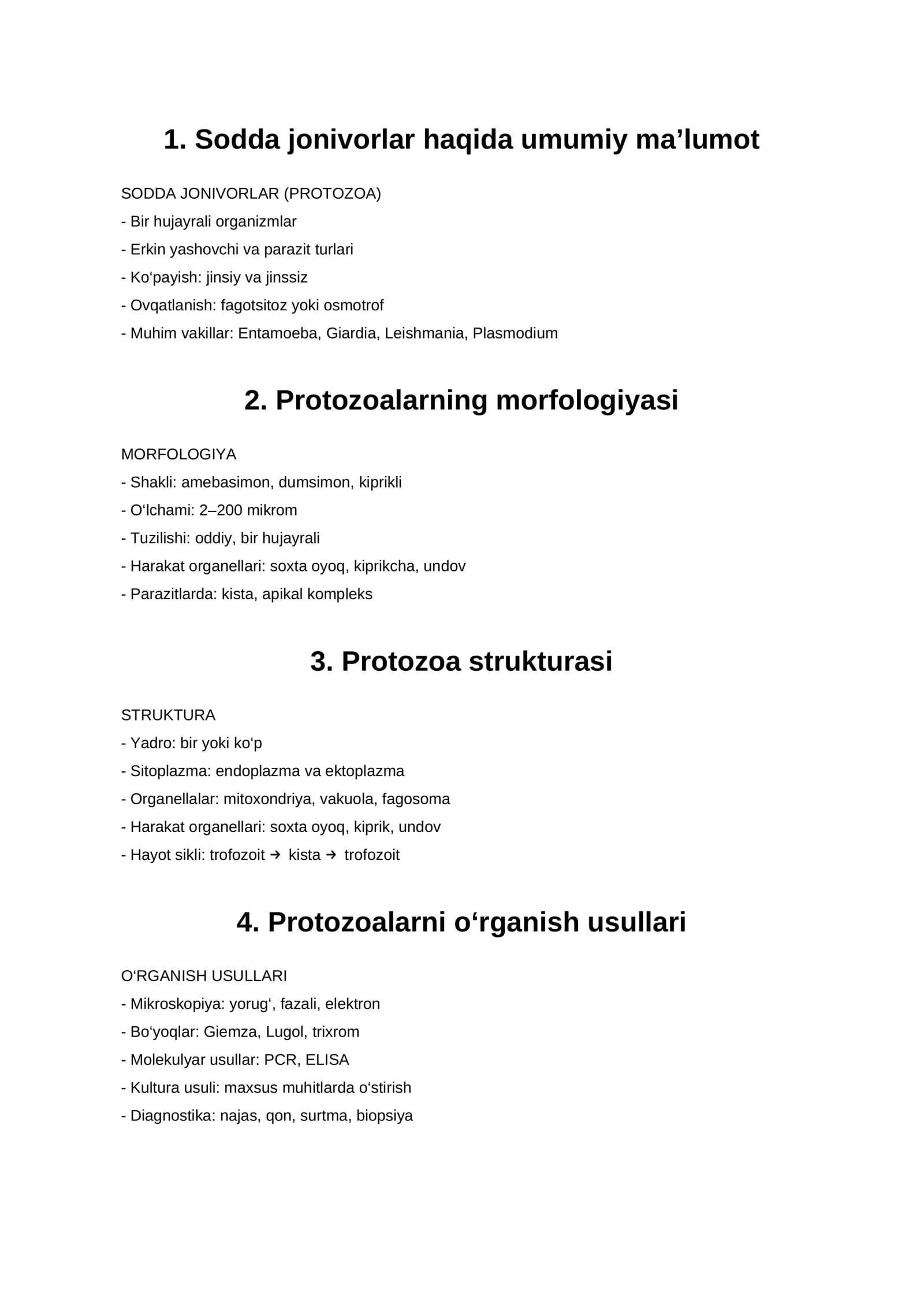 Sodda jonivorlar haqida umumiy ma’lumot