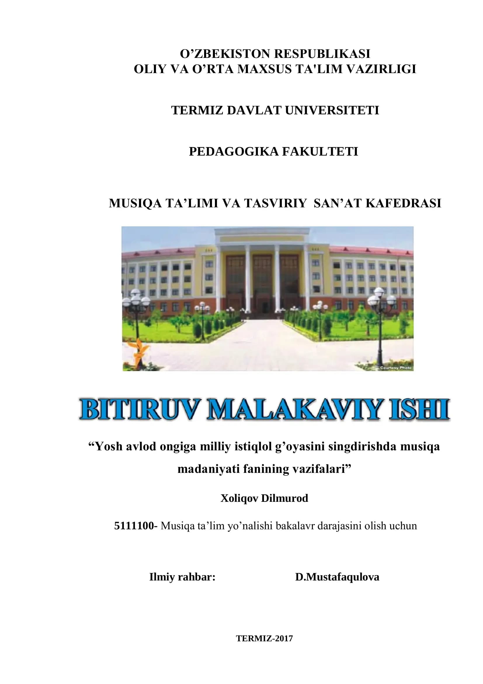 Yosh avlod ongiga milliy istiqlol g’oyasini singdirishda musiqa madaniyati fanining vazifalari