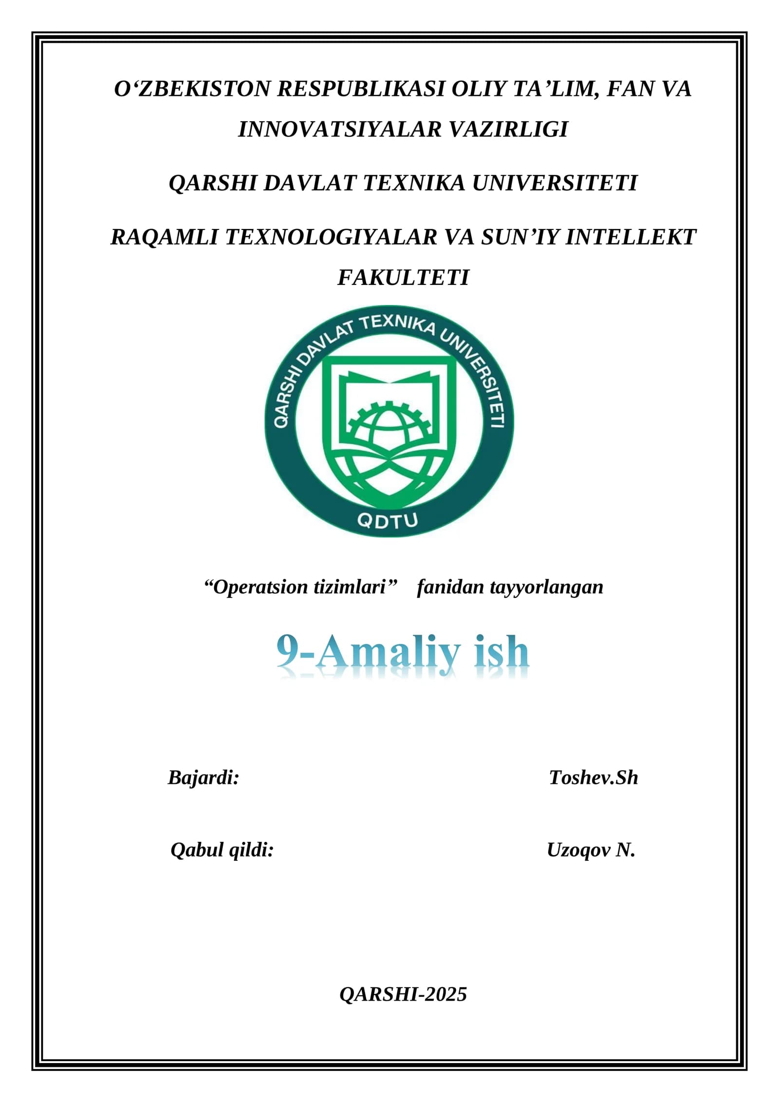 Operatsion tizimlari Mashg'uloti