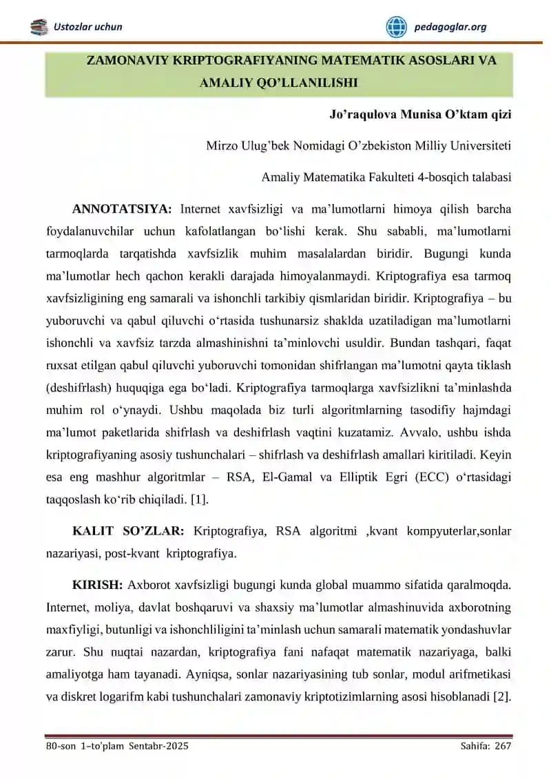 ZAMONAVIY KRIPTOGRAFIYANING MATEMATIK ASOSLARI VA AMALIY QO’LLANILISHI
