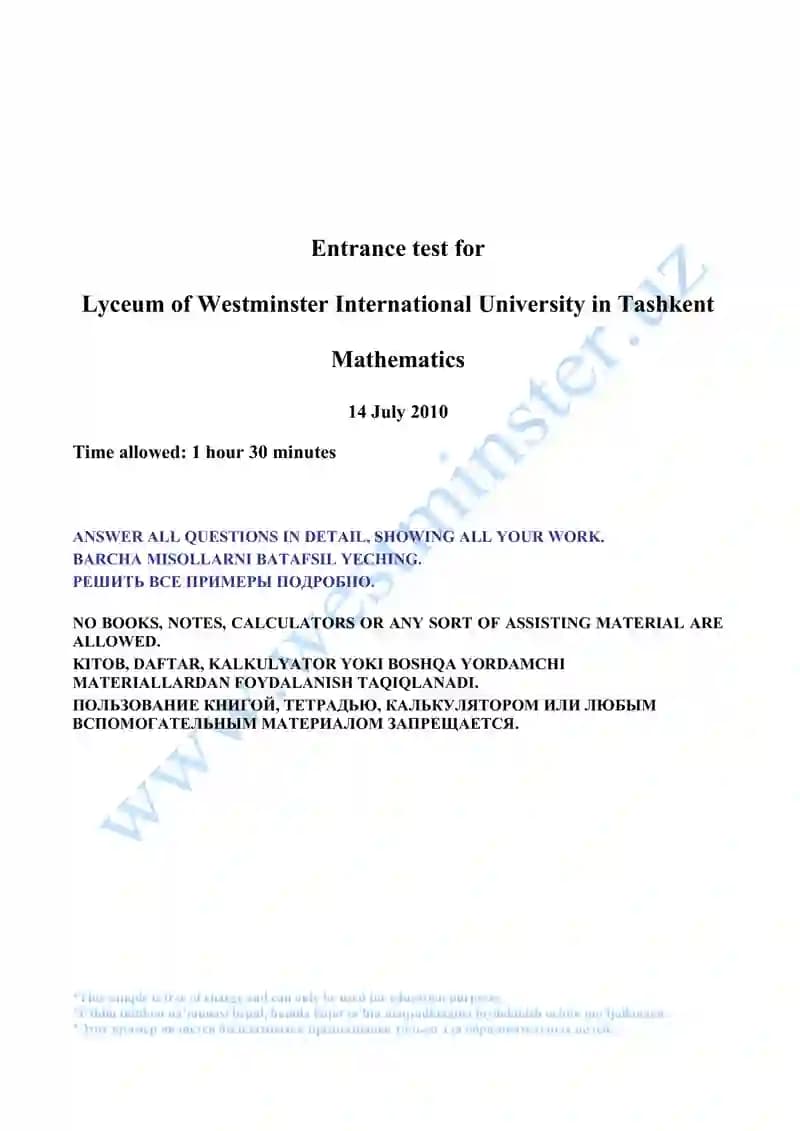 Entrance test for Lyceum of Westminster International University in Tashkent