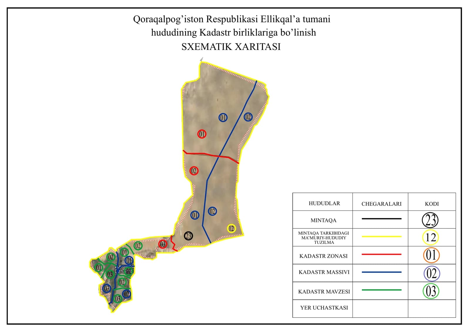 Qoraqalpog’iston Respublikasi Ellikqal’a tumani hududining Kadastr birliklariga bo’linish SXEMATIK XARITASI