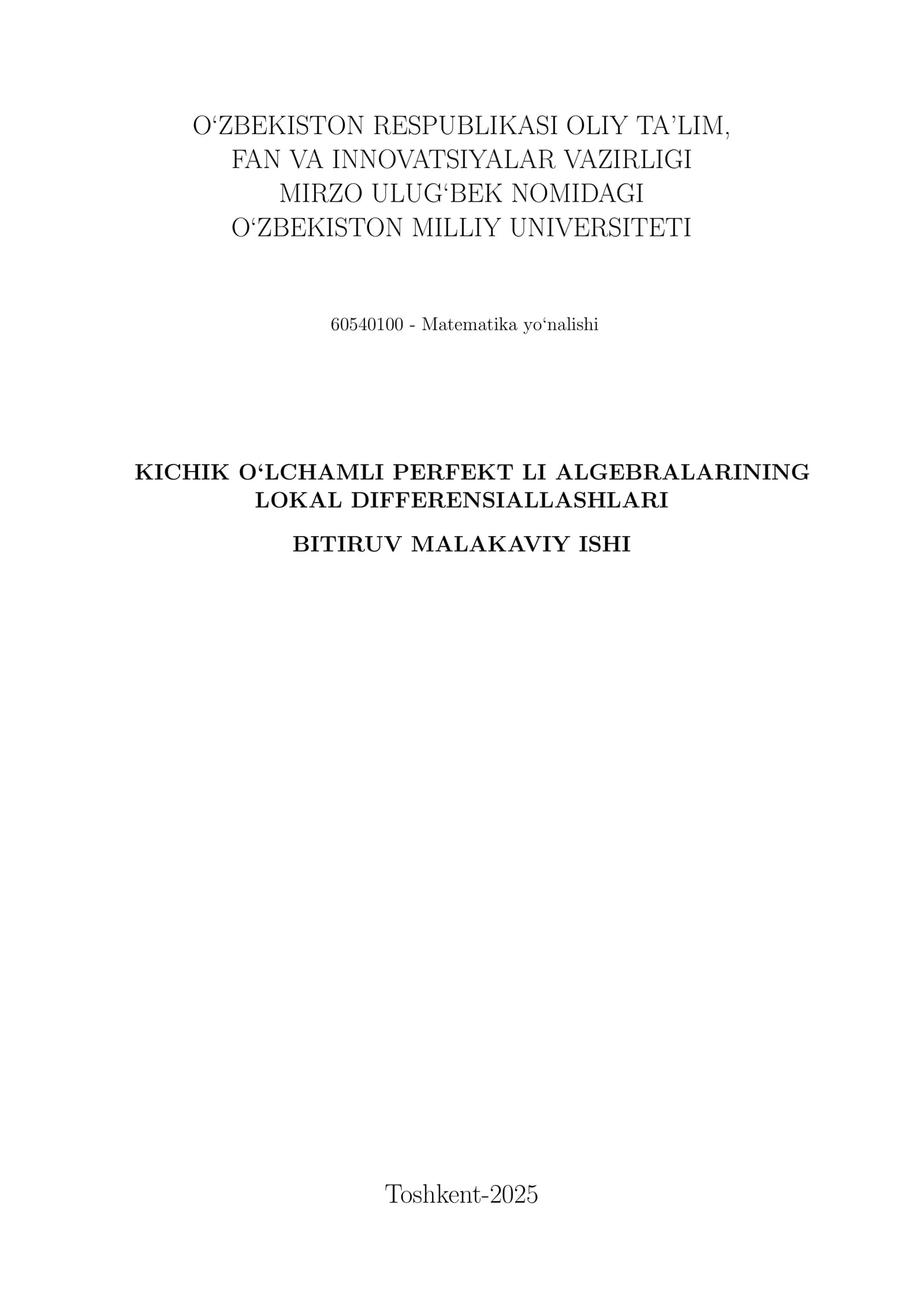 KICHIK O‘LCHAMLI PERFEKT LI ALGEBRALARINING LOKAL DIFFERENSIALLASHLARI