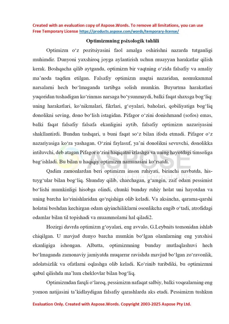 Optimizmning psixologik tahlili
