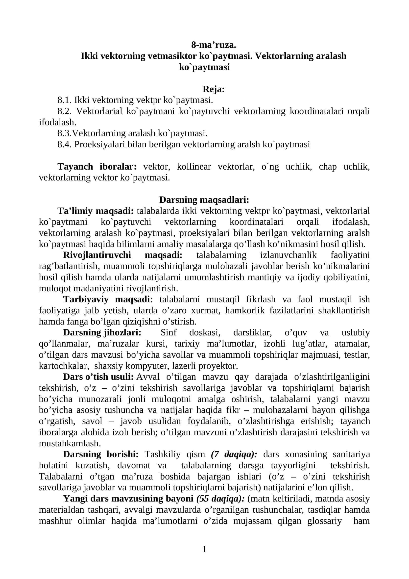 Oliy matematika: vektorlarning vektorial va aralash ko‘paytmasi (PDF)