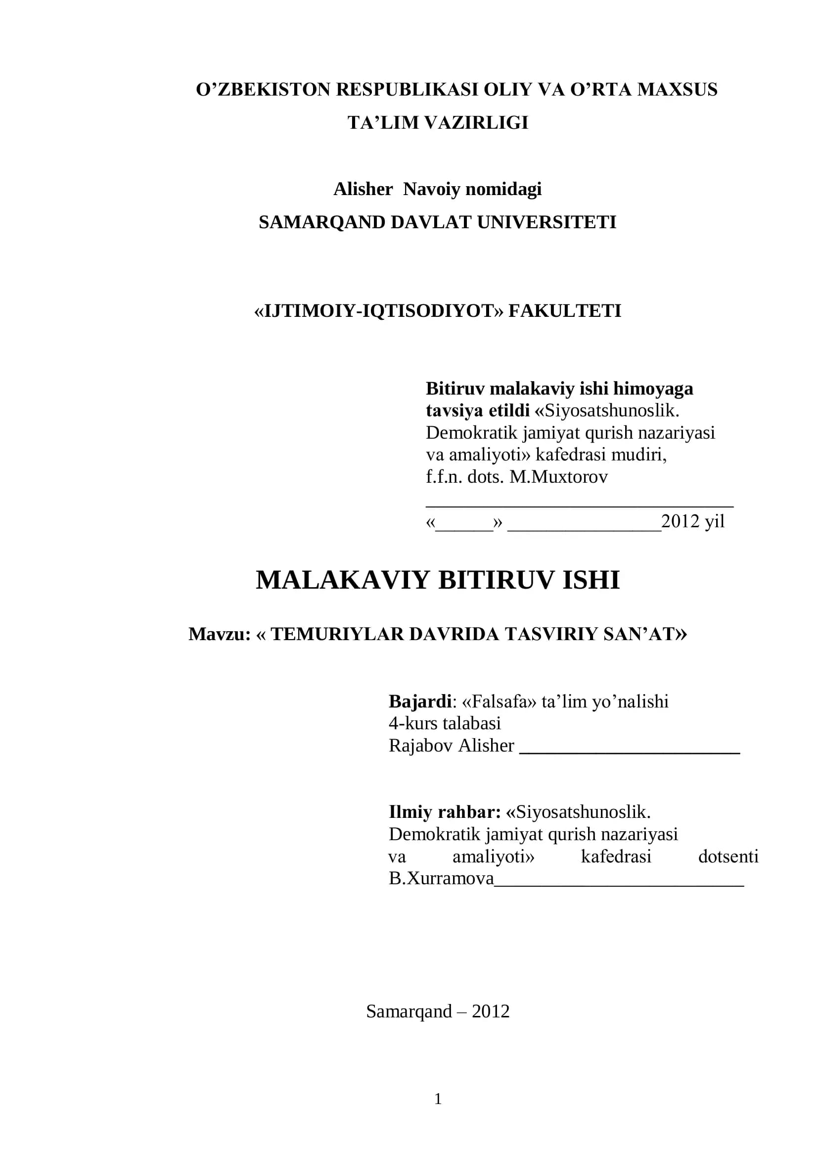 TEMURIYLAR DAVRIDA TASVIRIY SAN’AT
